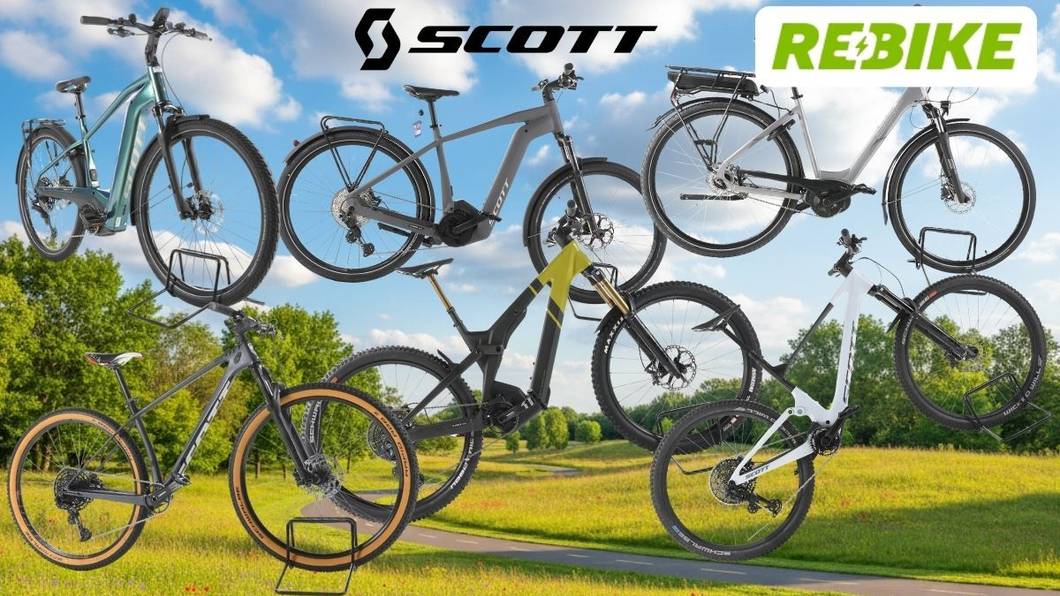 Scott E-Bikes und Fahrräder wie Trekking-E-Bikes, E-Mountainbikes und ein Gravelbike – vor grüner Landschaft mit blauem Himmel und Landstraße, mit den Logos von Rebike und Scott.