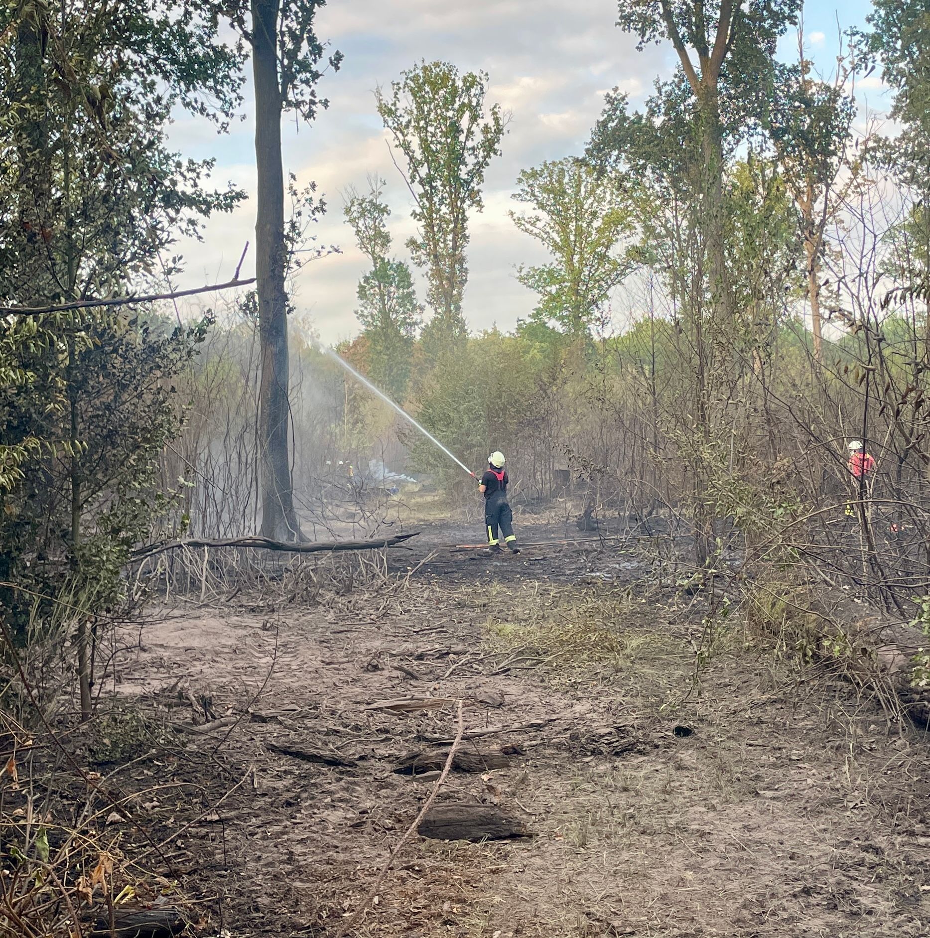 Ein Feuerwehrmann bei Löscharbeiten im Wald