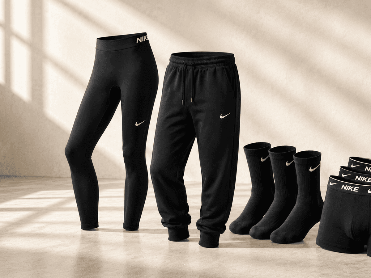 Nike Kleidungsstücke wie Trainingshose, Socke, Boxershorts stehen in einem leeren Raum.