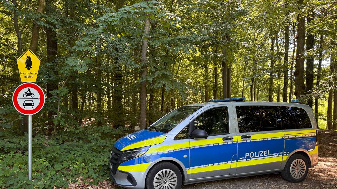Ein Einsatzfahrzeug der Polizei steht vor einem Waldstück im Landkreis Schleswig-Flensburg. In der Nähe von Flensburg hat ein Jäger einen in Plastikfolie verpackten Torso eines Mannes gefunden. Die Polizei geht von einem Gewaltverbrechen aus und sucht nach weiteren Spuren.