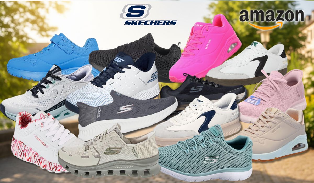 Auf dem Bild sind ganz viele Varianten der Marke Skechers zu sehen!