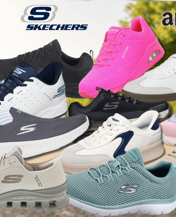Auf dem Bild sind ganz viele Varianten der Marke Skechers zu sehen!