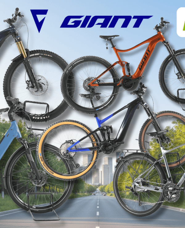 Giant E-Bikes verschiedener Kategorien – darunter E-MTBs, City- und Trekking-E-Bikes – vor einem sommerlichen Wald- und Wiesen-Hintergrund mit Radweg und Bäumen. Logos von Rebike und Giant.