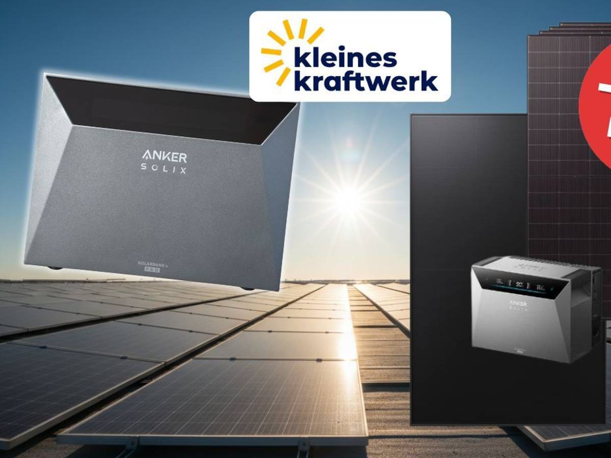 Kleines Kraftwerk Balkonkraftwerk-Set mit Anker SOLIX Solarbank 4 Pro Speicher und Solarmodulen vor Solardach-Hintergrund, mit Logo