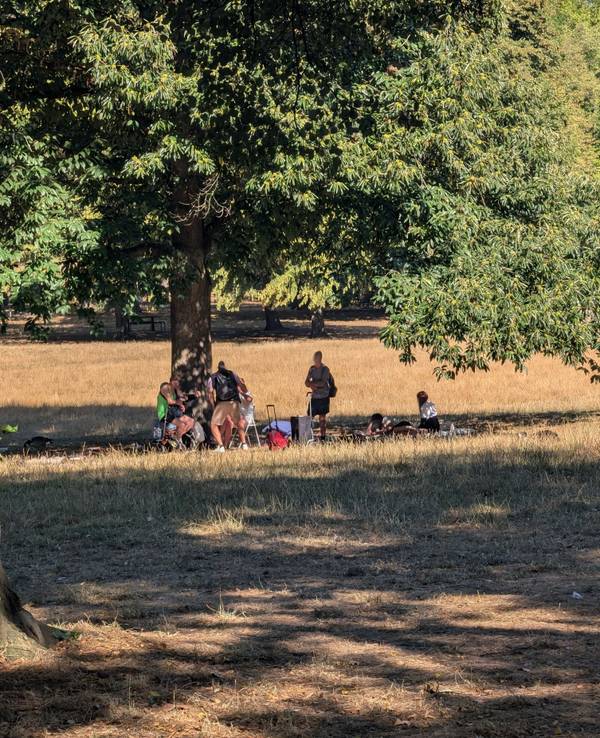 Mehrere Männer stehen oder sitzen im Volksgarten.