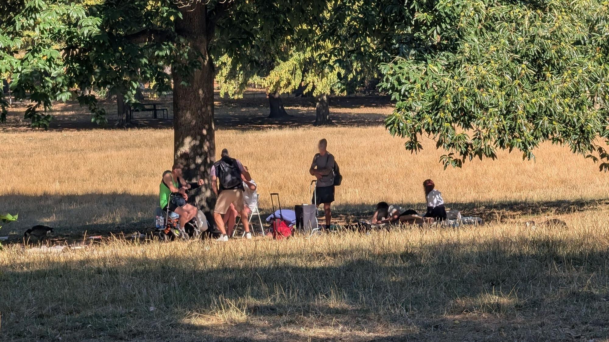 Mehrere Männer stehen oder sitzen im Volksgarten.