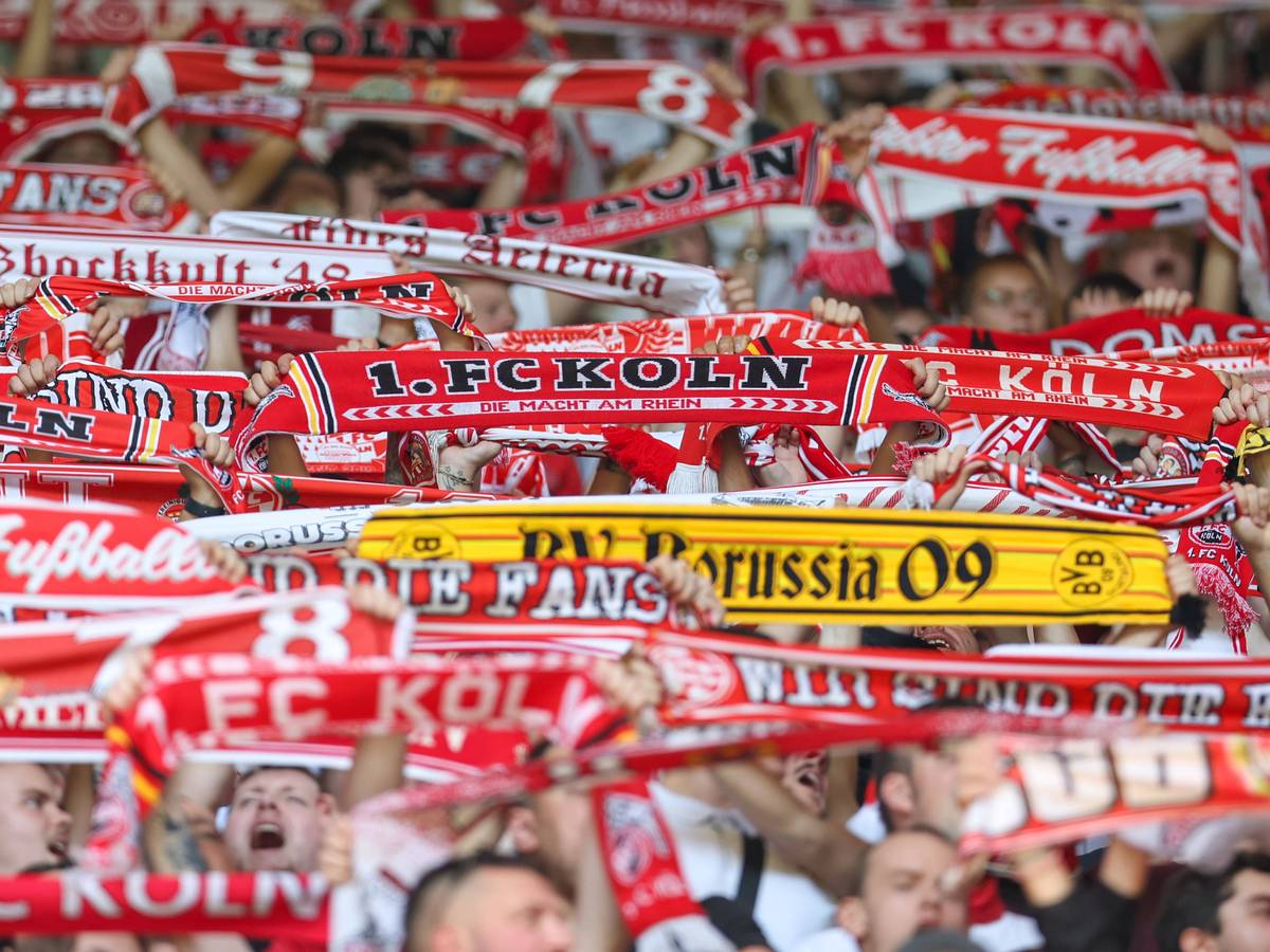 Zwischen Fanschals des 1. FC Köln ist auch ein Schal von Borussia Dortmund zu sehen.