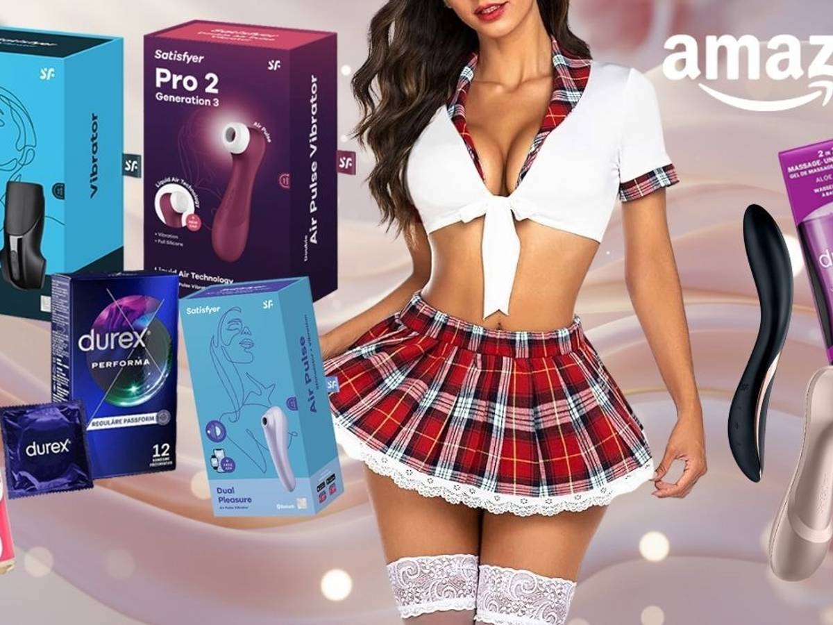 Satisfyer Pro 2 Generation 3, Satisfyer Dual Pleasure Air Pulse Vibrator, ein weiterer Satisfyer Air Pulse Stimulator, Durex Performa Kondome, Durex 2-in-1 Massagegel, eine Happy Hand Gleitcreme sowie ein schwarzer Vibrator. Daneben eine Frau in erotischem Kostüm.