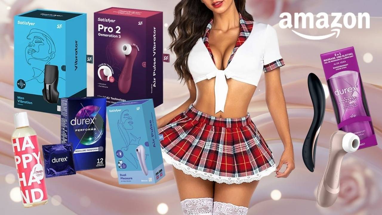 Satisfyer Pro 2 Generation 3, Satisfyer Dual Pleasure Air Pulse Vibrator, ein weiterer Satisfyer Air Pulse Stimulator, Durex Performa Kondome, Durex 2-in-1 Massagegel, eine Happy Hand Gleitcreme sowie ein schwarzer Vibrator. Daneben eine Frau in erotischem Kostüm.