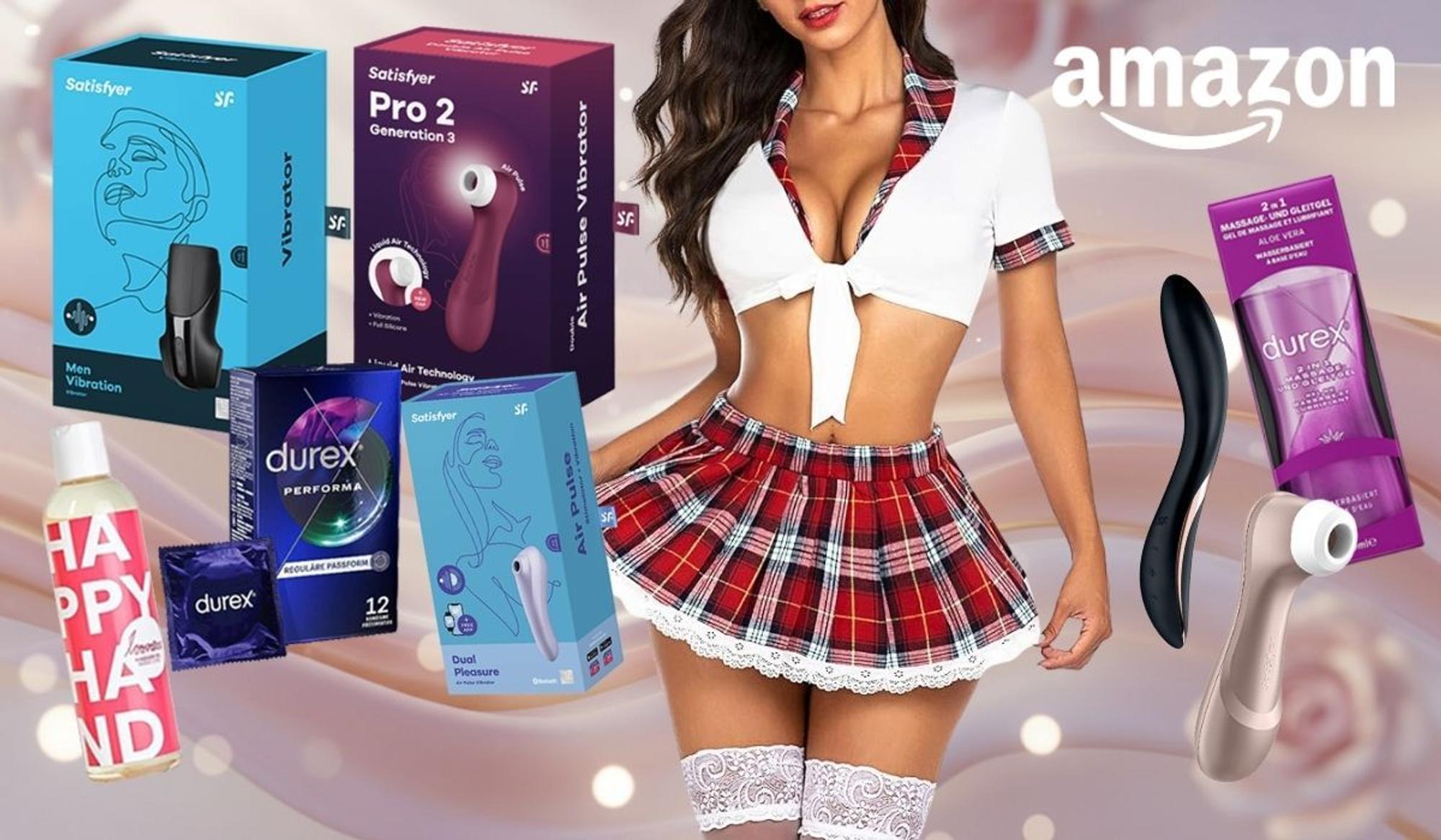 Satisfyer Pro 2 Generation 3, Satisfyer Dual Pleasure Air Pulse Vibrator, ein weiterer Satisfyer Air Pulse Stimulator, Durex Performa Kondome, Durex 2-in-1 Massagegel, eine Happy Hand Gleitcreme sowie ein schwarzer Vibrator. Daneben eine Frau in erotischem Kostüm.