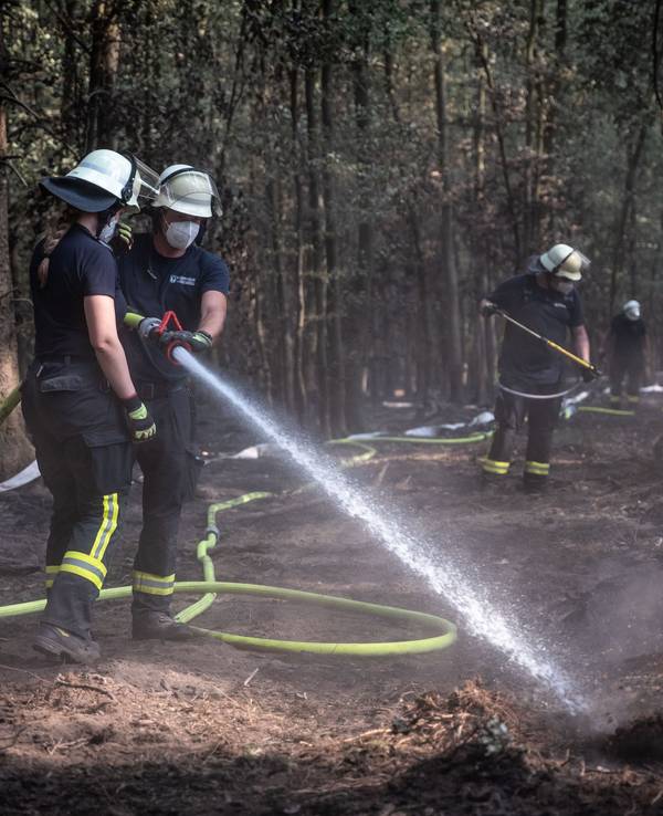 Feuerwehrmänner sind bei Nachlöscharbeiten in einem Waldstück im Hürtgenwald im Einsatz.