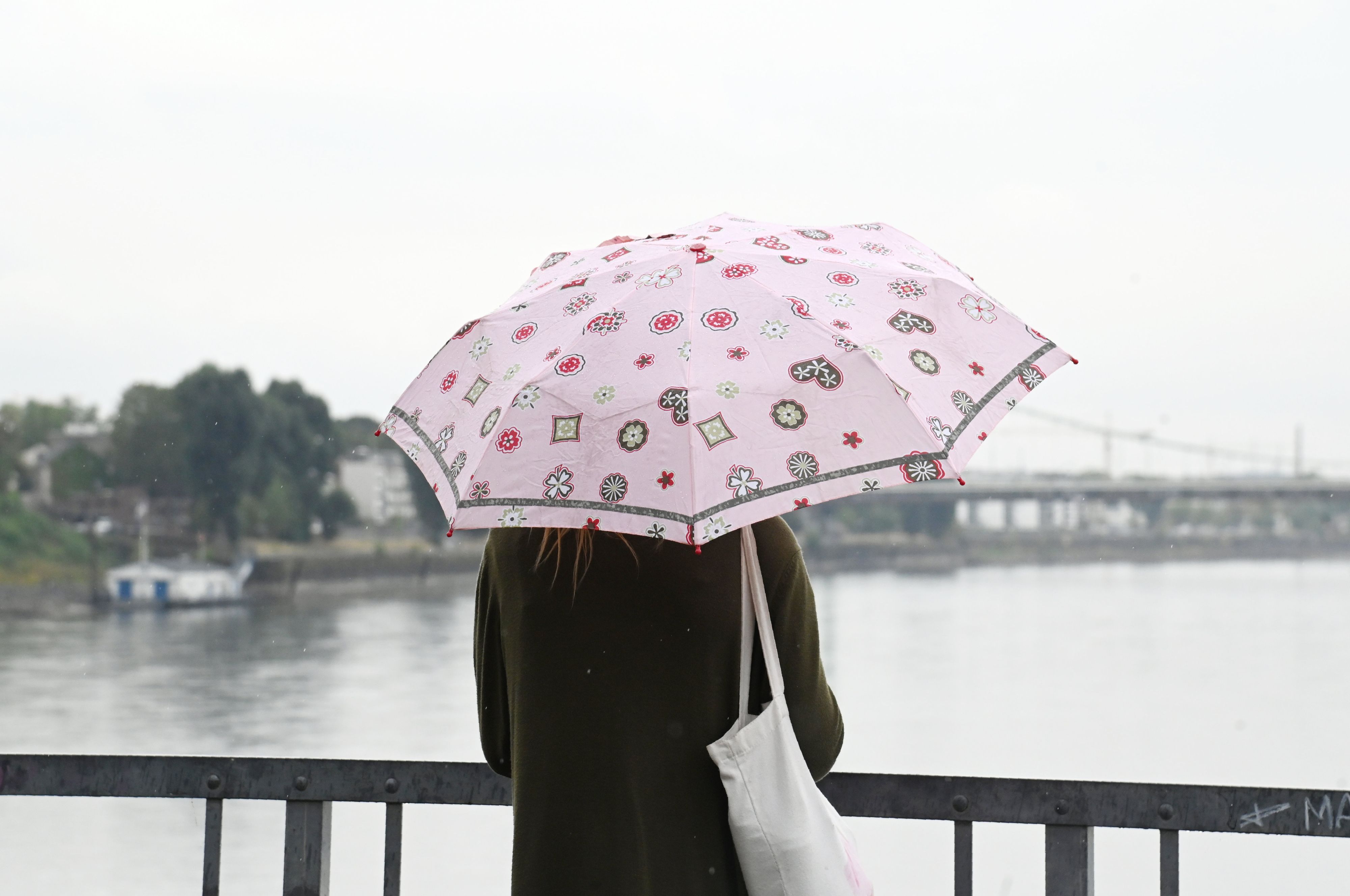 Eine Frau mit Regenschirm steht vor dem Rhein