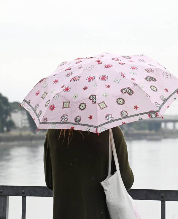 Eine Frau mit Regenschirm steht vor dem Rhein