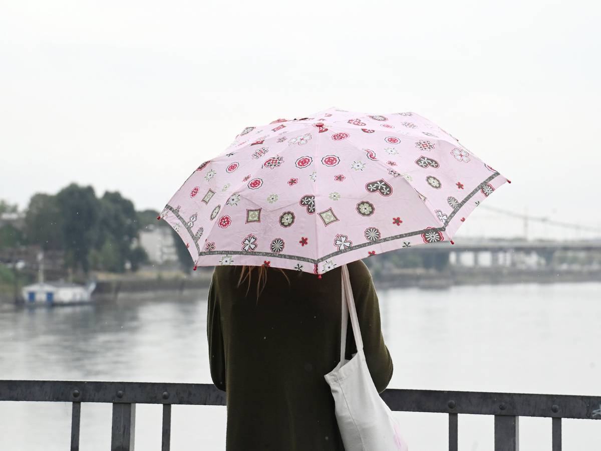 Eine Frau mit Regenschirm steht vor dem Rhein