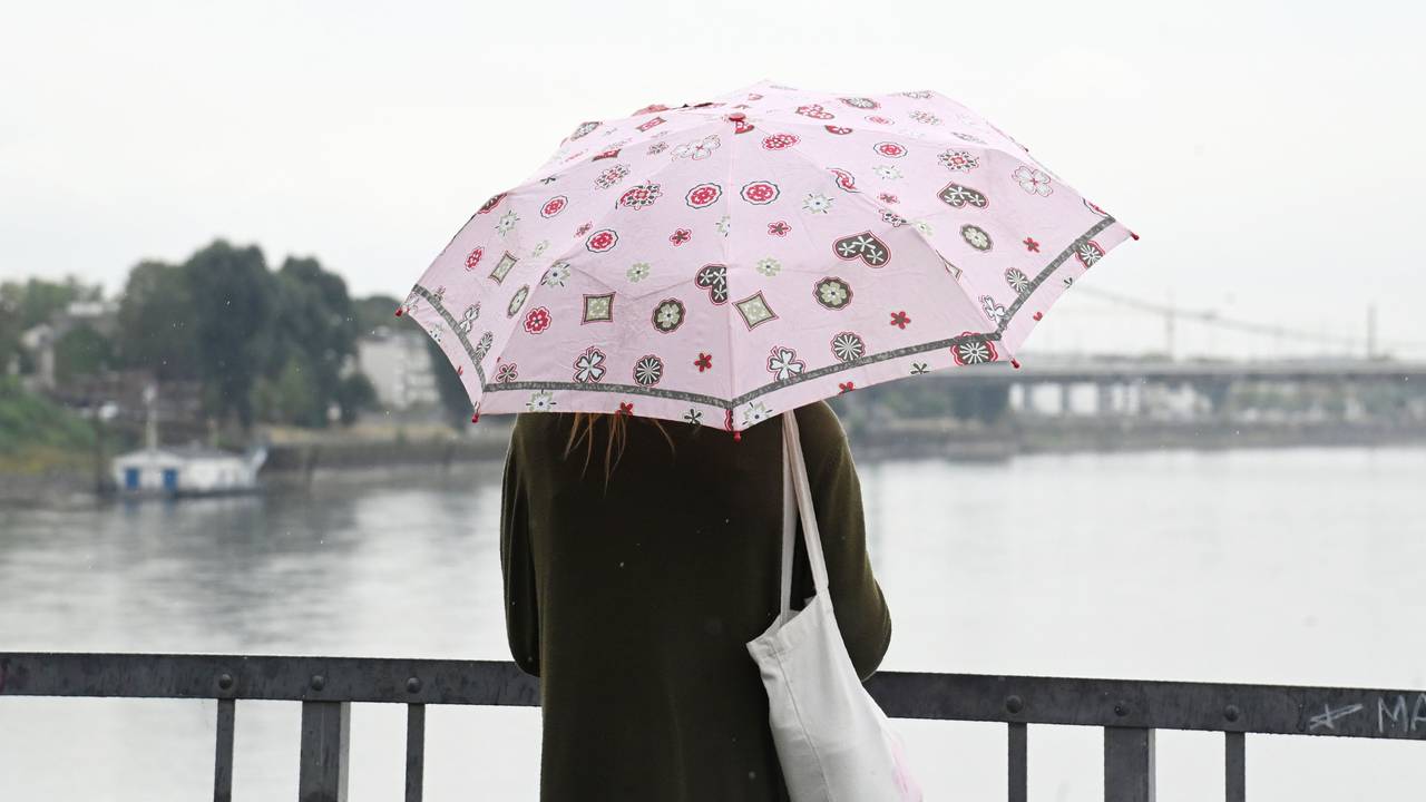 Eine Frau mit Regenschirm steht vor dem Rhein