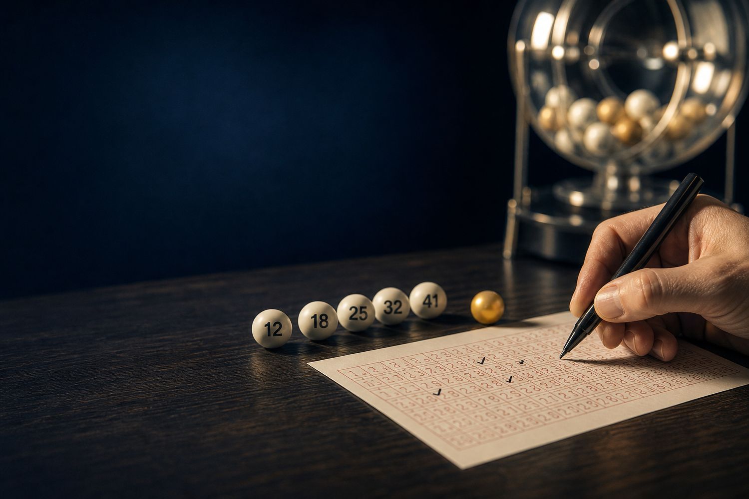 Lotto-Tippschein mit sechs weißen Lotto-Kugeln, einer goldenen Superzahl-Kugel und einer Ziehungstrommel im Hintergrund