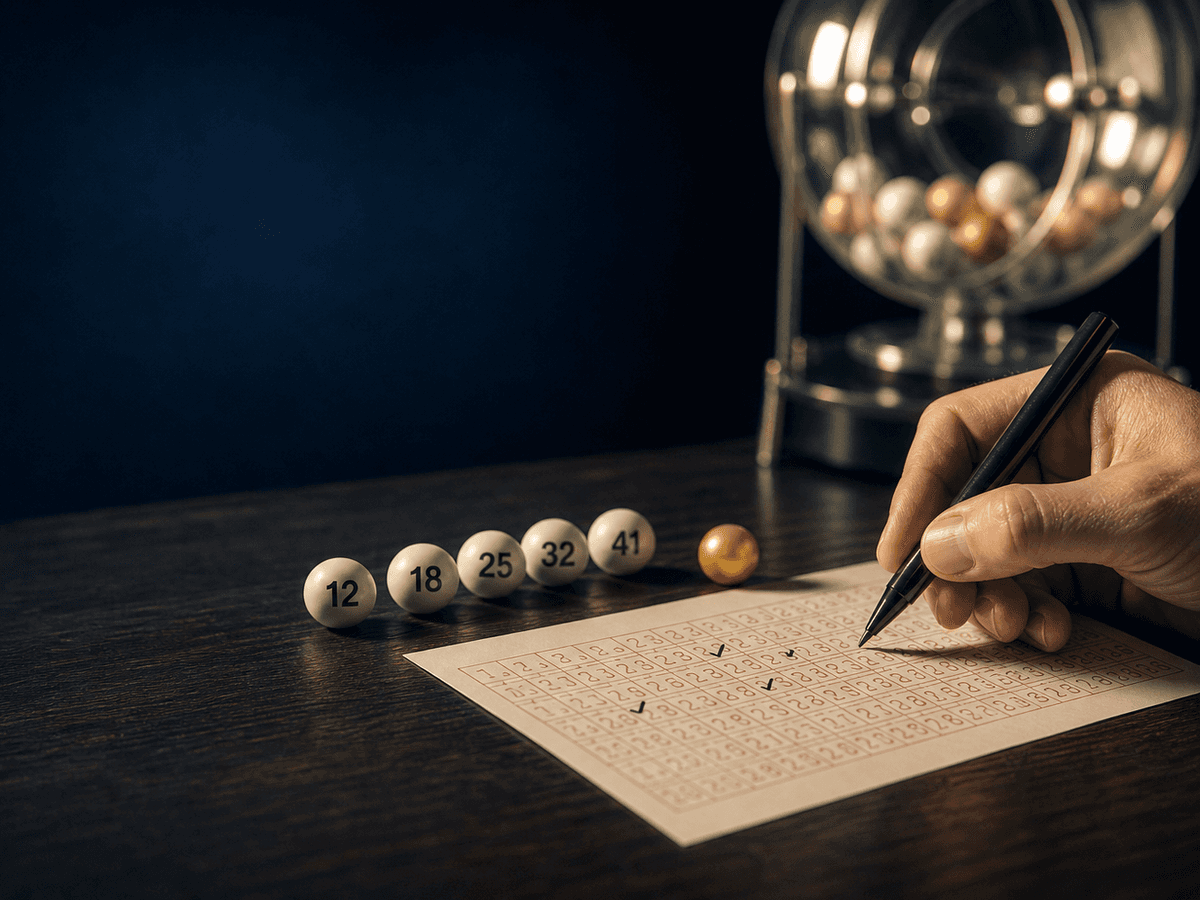 Lotto-Tippschein mit sechs weißen Lotto-Kugeln, einer goldenen Superzahl-Kugel und einer Ziehungstrommel im Hintergrund