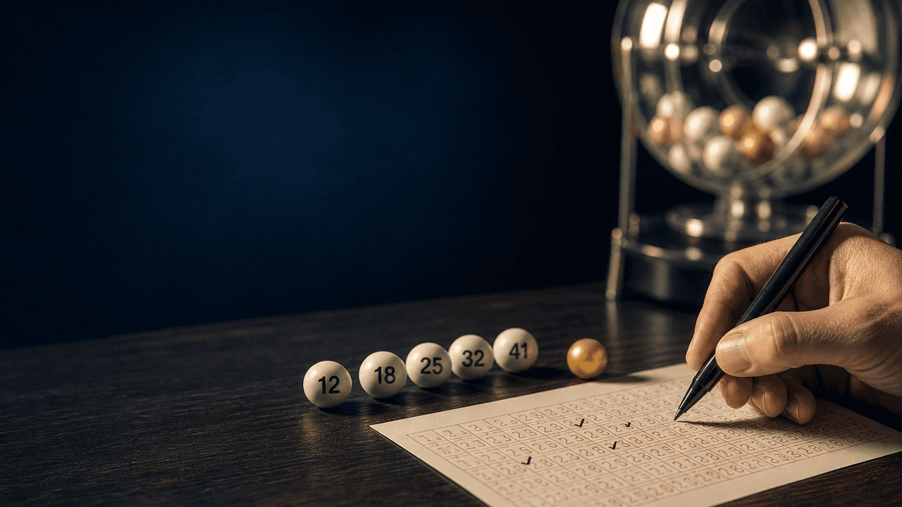 Lotto-Tippschein mit sechs weißen Lotto-Kugeln, einer goldenen Superzahl-Kugel und einer Ziehungstrommel im Hintergrund