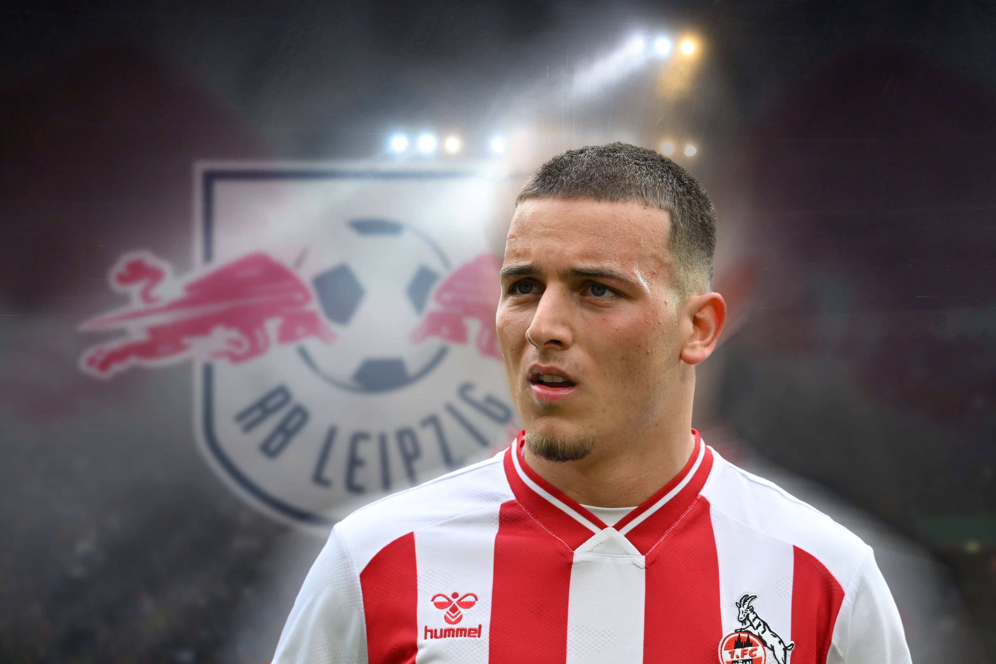Fotomontage: Said El Mala vor dem Logo von RB Leipzig.