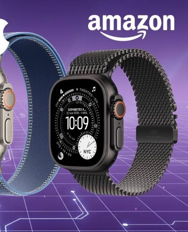 Drei Apple Watch Ultra 3 Modelle mit unterschiedlichen Armbändern in Schwarz, Blau und Titan vor digitalem Gitter-Hintergrund mit Amazon-Logo.
