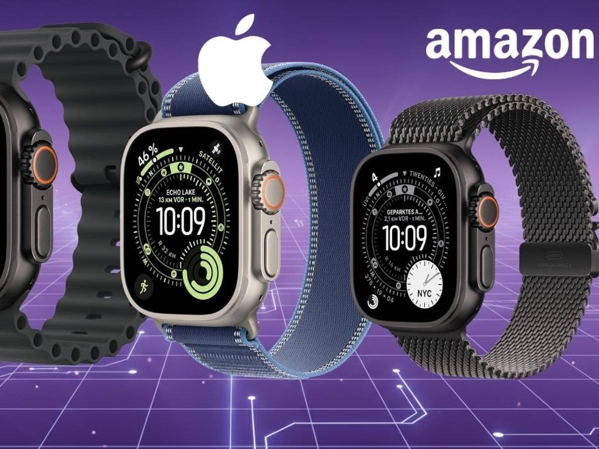 Drei Apple Watch Ultra 3 Modelle mit unterschiedlichen Armbändern in Schwarz, Blau und Titan vor digitalem Gitter-Hintergrund mit Amazon-Logo.
