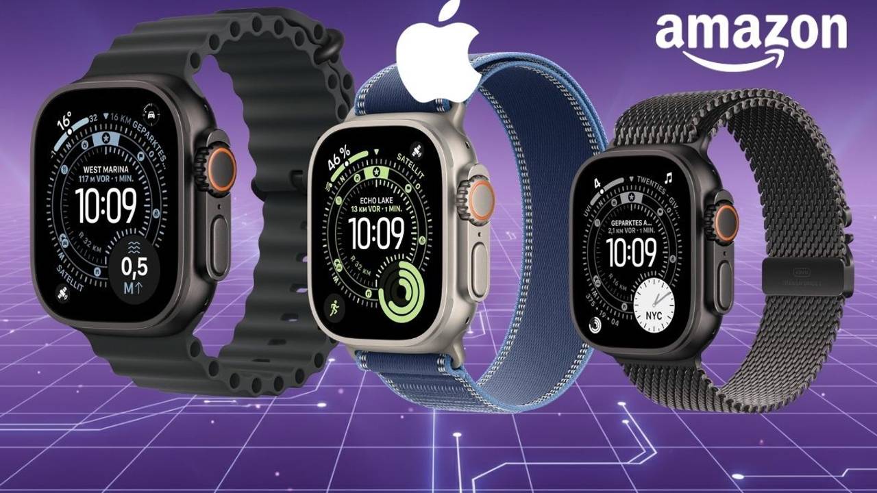 Drei Apple Watch Ultra 3 Modelle mit unterschiedlichen Armbändern in Schwarz, Blau und Titan vor digitalem Gitter-Hintergrund mit Amazon-Logo.