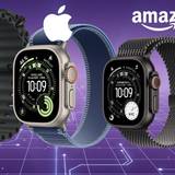 Drei Apple Watch Ultra 3 Modelle mit unterschiedlichen Armbändern in Schwarz, Blau und Titan vor digitalem Gitter-Hintergrund mit Amazon-Logo.