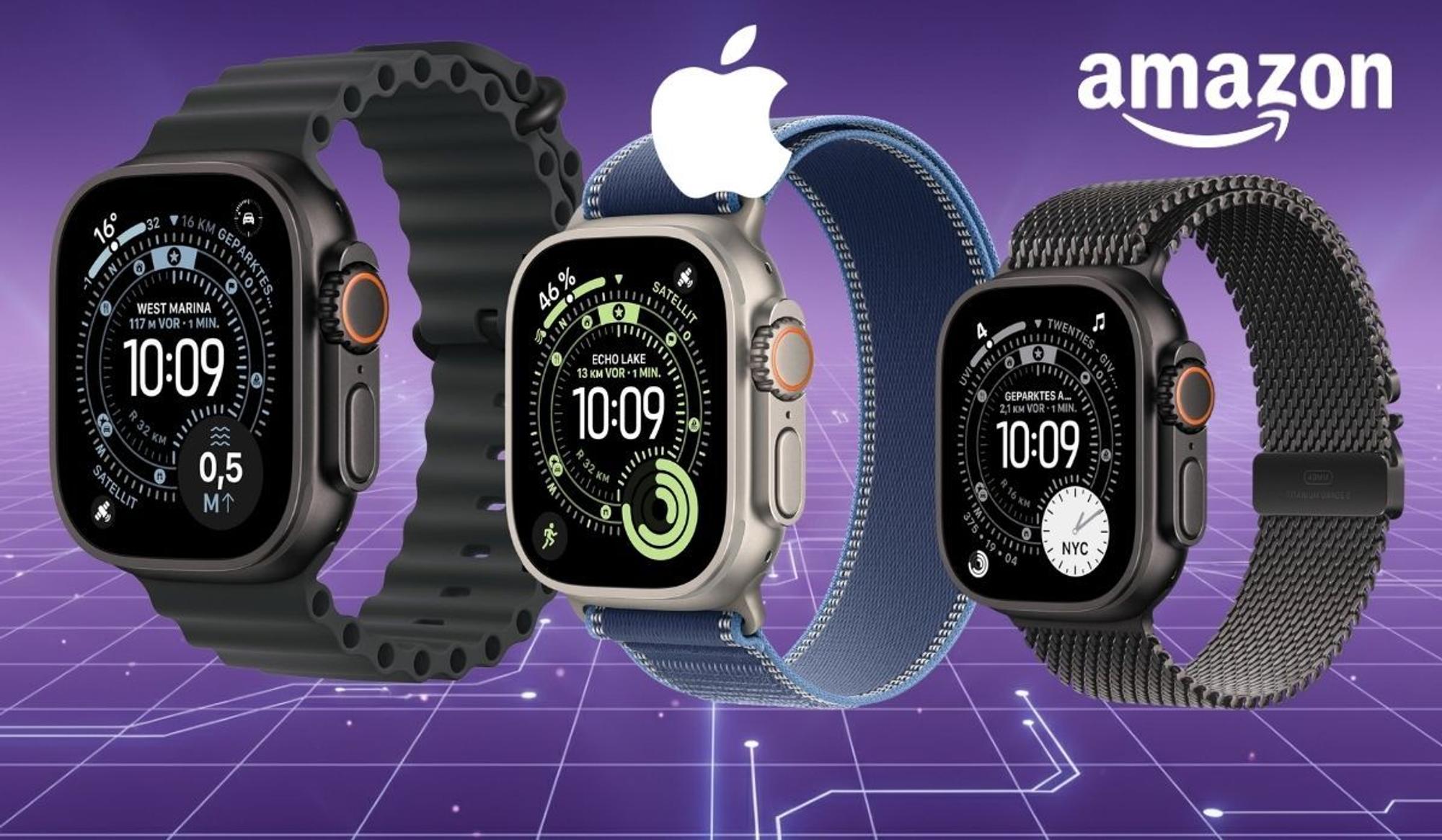 Drei Apple Watch Ultra 3 Modelle mit unterschiedlichen Armbändern in Schwarz, Blau und Titan vor digitalem Gitter-Hintergrund mit Amazon-Logo.