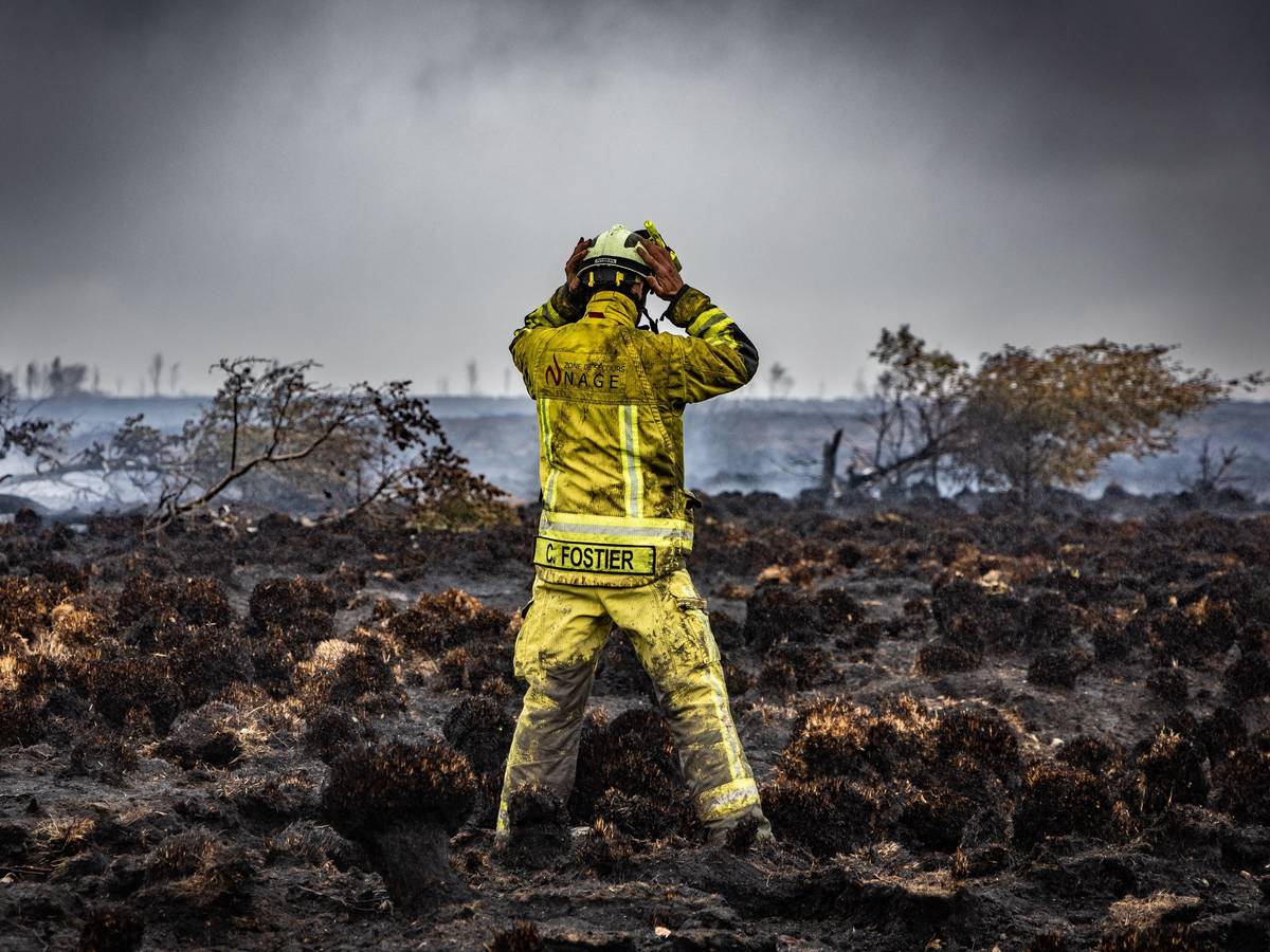Ein Feuerwehrmann steht am Brandort im Naturschutzgebiet Hohes Venn. Die Bekämpfung des Waldbrandes ist wegen des torfhaltigen Bodens in dem Naturschutzgebiet besonders schwierig.