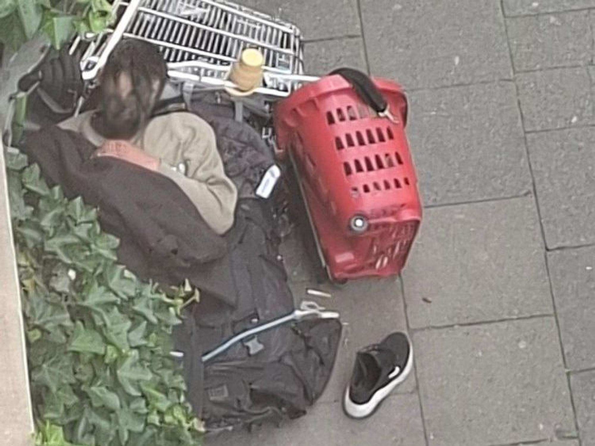 Ein Mann schläft auf dem Gehweg, den Kopf auf einem umgekippten Einkaufswagen.