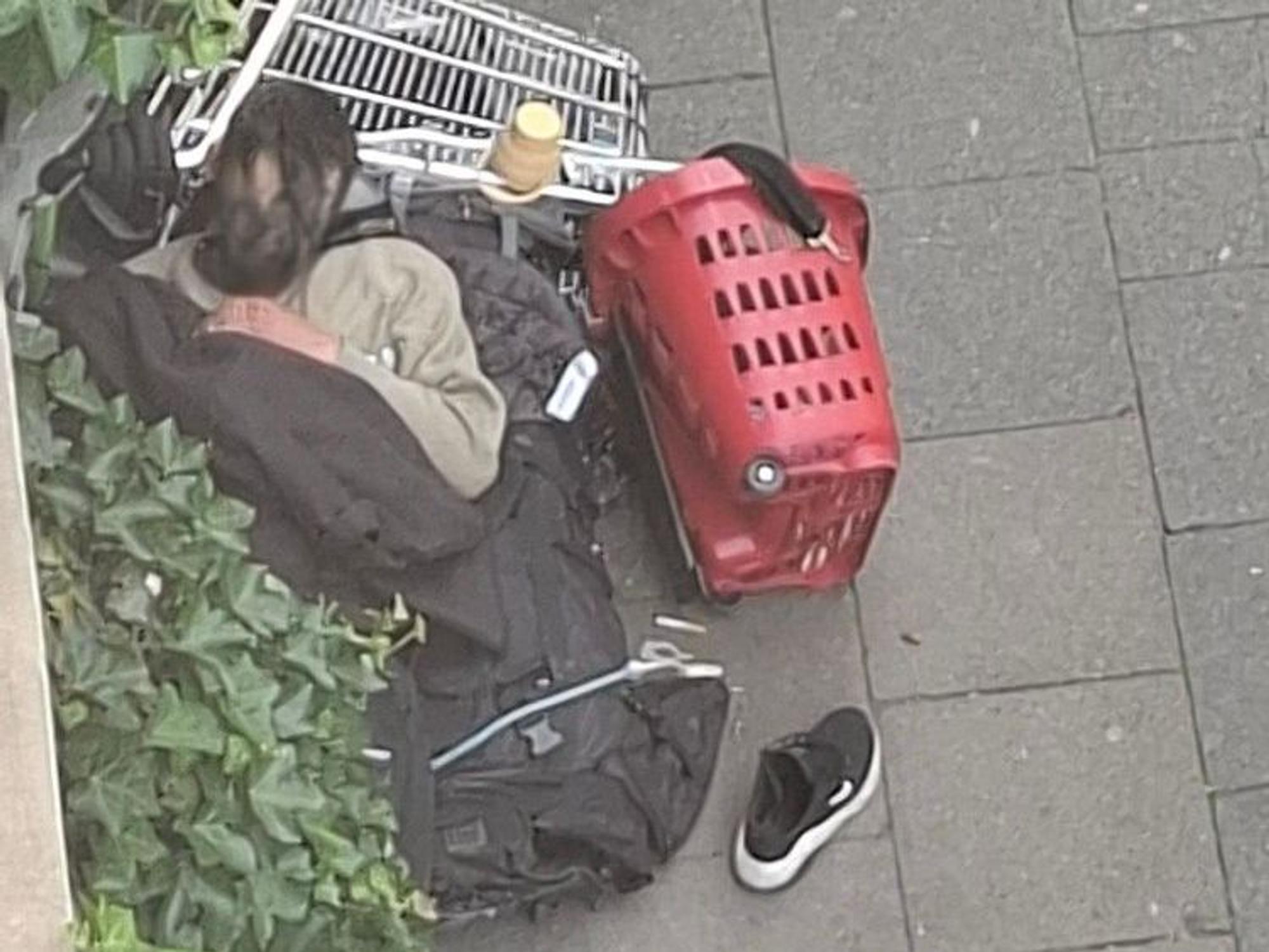Ein Mann liegt schlafend auf dem Gehweg vor einem Haus.