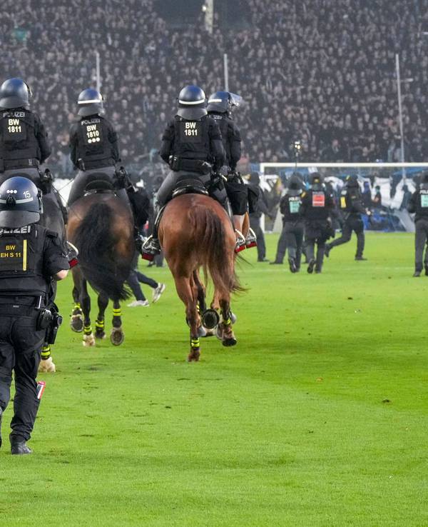 Teilweise berittene Polizei auf dem Spielfeld.