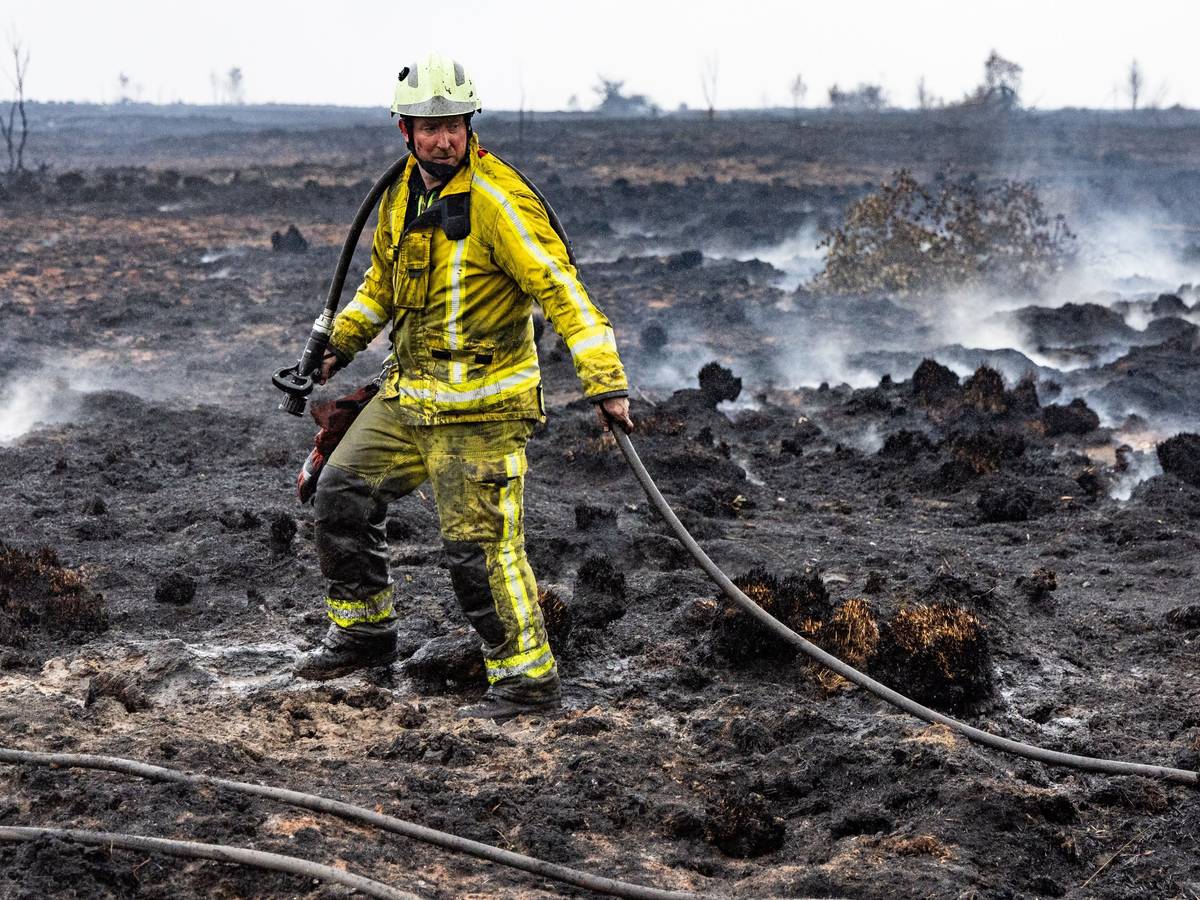 Ein Feuerwehrmann löscht Glutnester im schwelenden Boden.