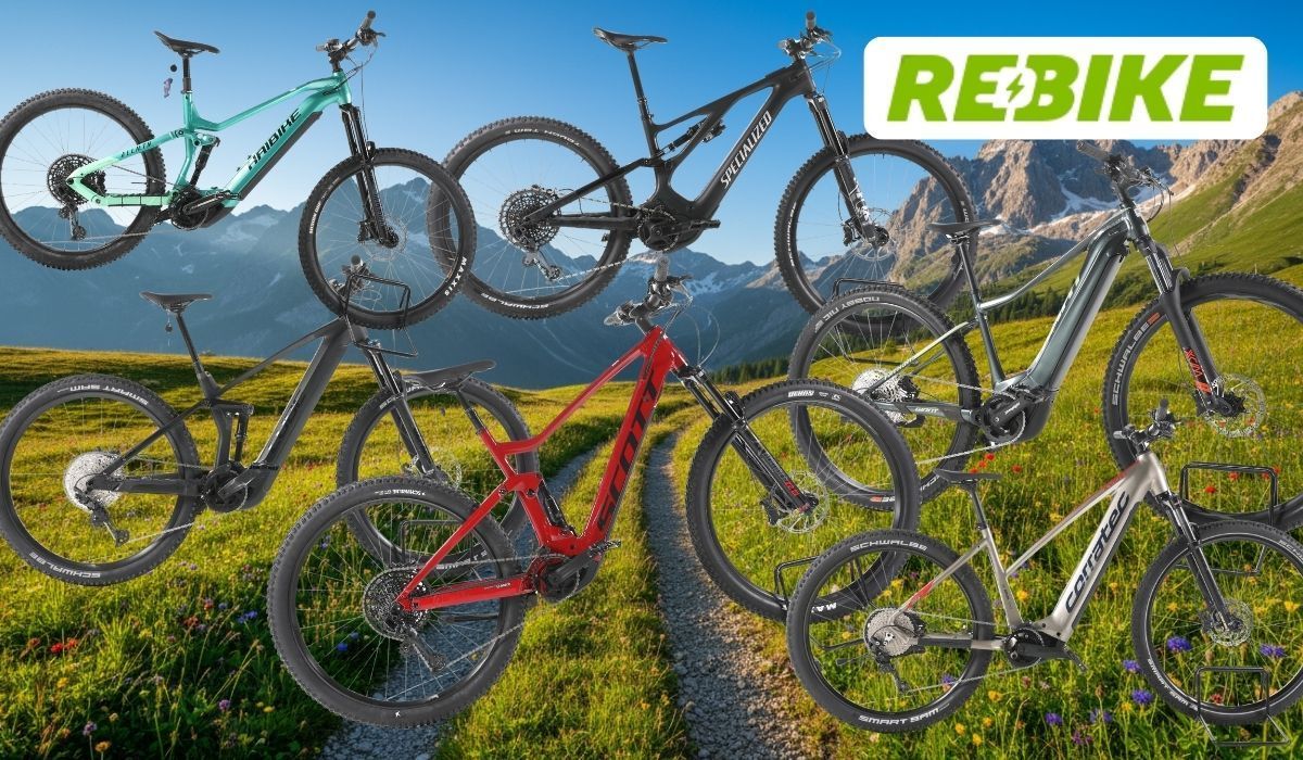 Mehrere refurbished E-Mountainbikes verschiedener Marken vor alpiner Bergkulisse.