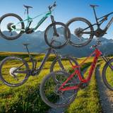 Mehrere refurbished E-Mountainbikes verschiedener Marken vor alpiner Bergkulisse.