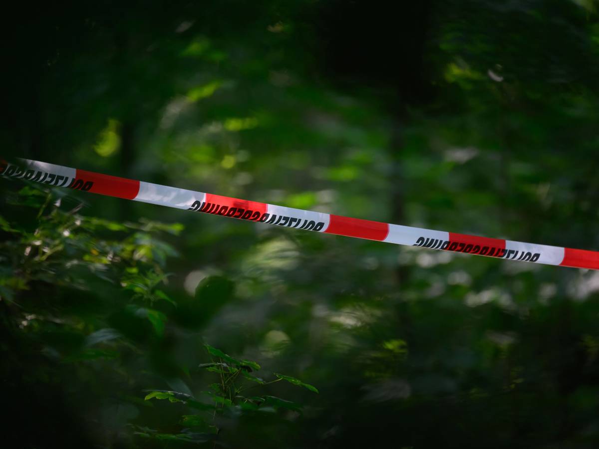 Absperrband der Polizei ist in einem Wald gespannt. (Symbolfoto)