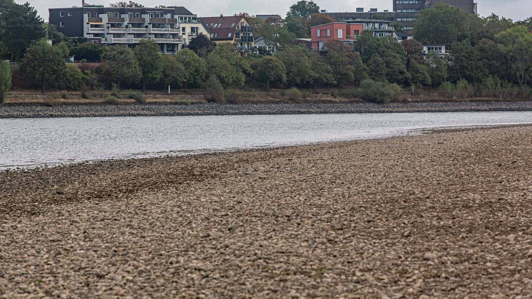 Blick auf das ausgetrocknete Flussbett des Rheins und Porz.