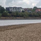 Blick auf das ausgetrocknete Flussbett des Rheins und Porz auf der rechten Rheinseite, gesehen vom Weißer Rheinbogen bei Köln-Sürth.