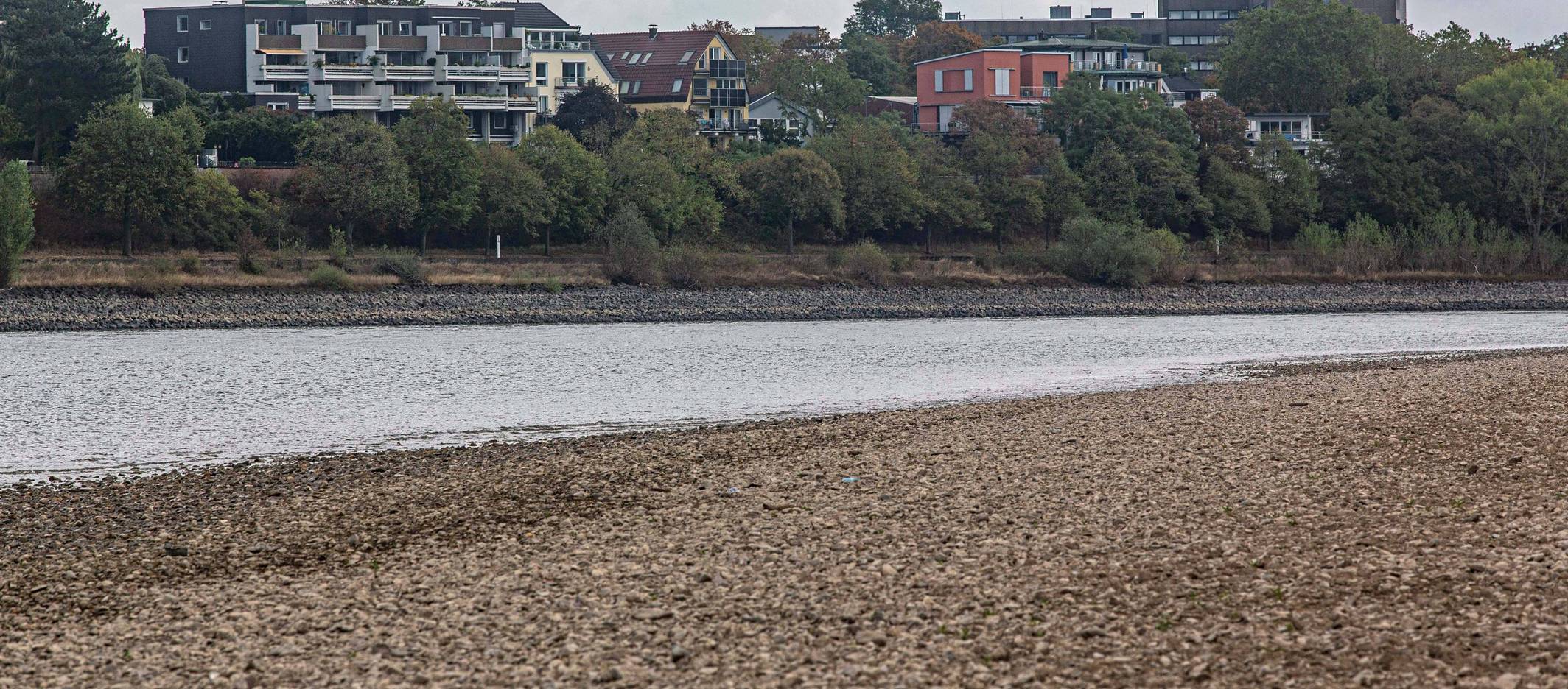 Blick auf das ausgetrocknete Flussbett des Rheins und Porz.