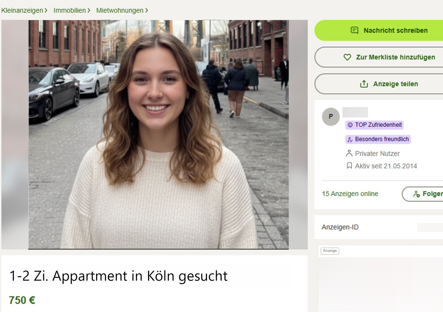 Eine Frau sucht auf Kleinanzeigen eine Wohnung in Köln mit einem Foto von sich – und gerät an ein dubioses Angebot. Das Symbolfoto wurde mithilfe von Künstlicher Intelligenz bearbeitet und zeigt kein reales Angebot.