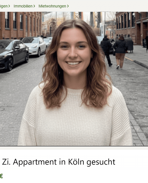 Eine Frau sucht auf Kleinanzeigen eine Wohnung in Köln mit einem Foto von sich – und gerät an ein dubioses Angebot. Das Symbolfoto wurde mithilfe von Künstlicher Intelligenz bearbeitet und zeigt kein reales Angebot.