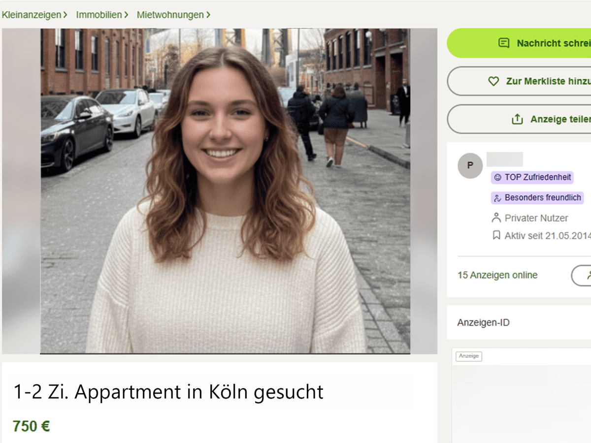 Eine Frau sucht auf Kleinanzeigen eine Wohnung in Köln mit einem Foto von sich – und gerät an ein dubioses Angebot. Das Symbolfoto wurde mithilfe von Künstlicher Intelligenz bearbeitet und zeigt kein reales Angebot.