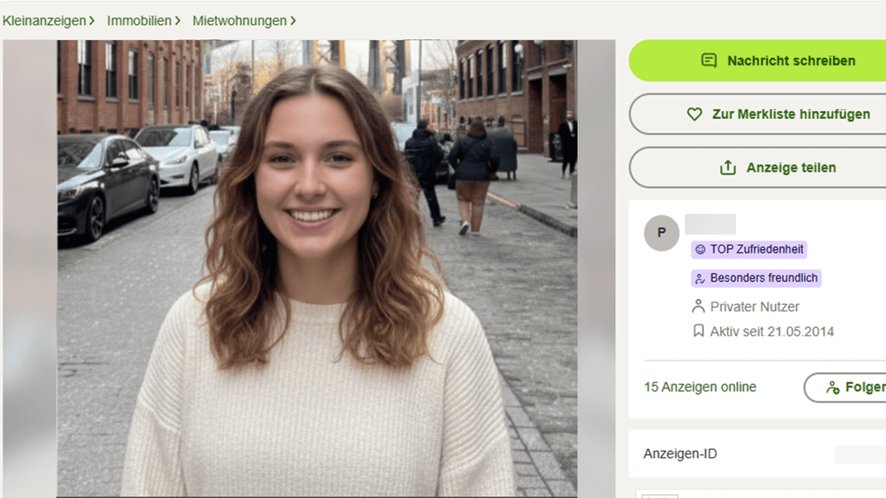 Eine Frau sucht auf Kleinanzeigen eine Wohnung in Köln mit einem Foto von sich – und gerät an ein dubioses Angebot. Das Symbolfoto wurde mithilfe von Künstlicher Intelligenz bearbeitet und zeigt kein reales Angebot.