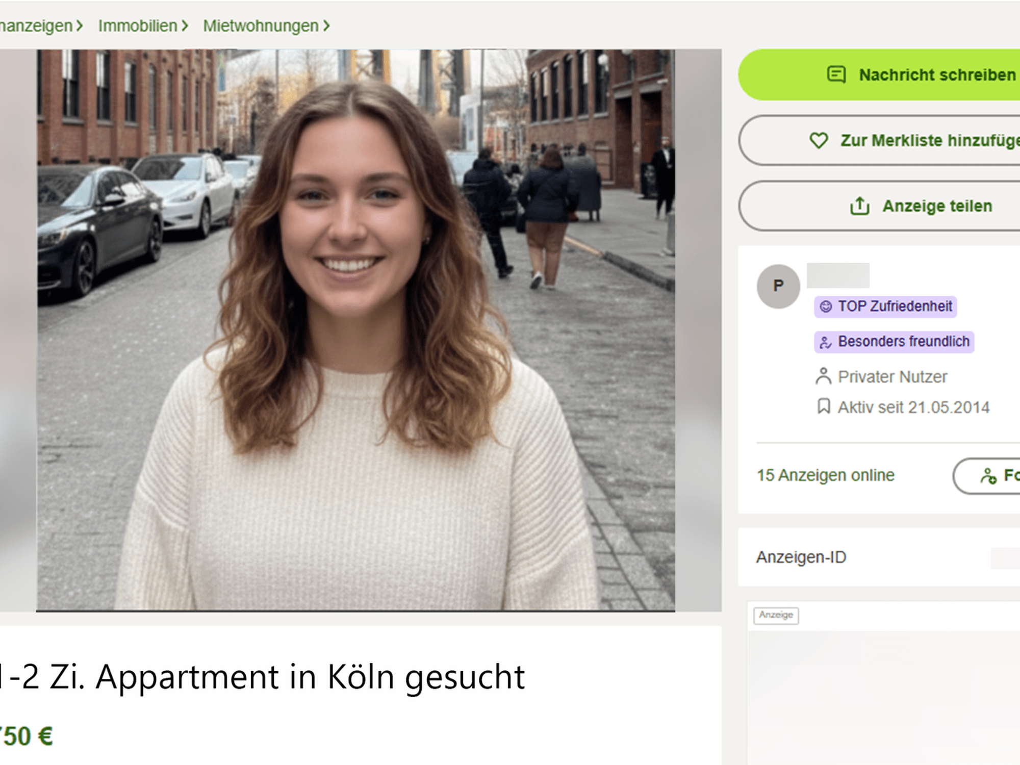 Eine Frau sucht auf Kleinanzeigen eine Wohnung in Köln mit einem Foto von sich – und gerät an ein dubioses Angebot. Das Symbolfoto wurde mithilfe von Künstlicher Intelligenz bearbeitet und zeigt kein reales Angebot.