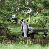 Einsatzkräfte der Polizei in Schutzkleidung arbeiten an einem Tatort in einem Park.