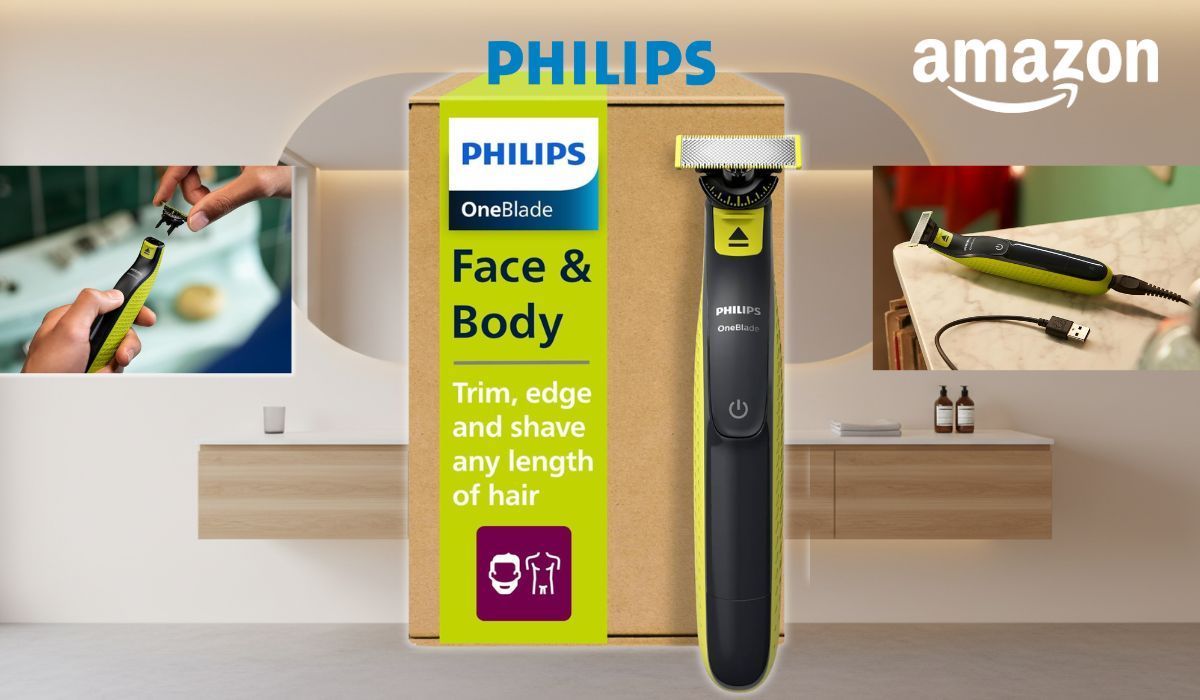 Philips OneBlade 360 Face & Body Rasierer in Schwarz-Gelb neben seiner Produktverpackung mit grünem Aufdruck, im Hintergrund ein modernes Badezimmer sowie zwei Detailaufnahmen des Geräts – einmal beim Rasieren unter Wasser und einmal liegend mit USB-Ladekabel an einer Ablage.