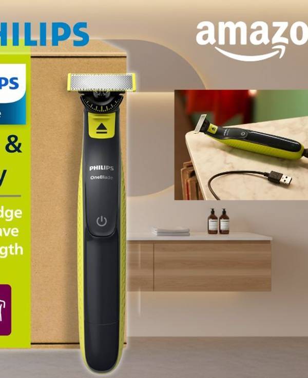 Philips OneBlade 360 Face & Body Rasierer in Schwarz-Gelb neben seiner Produktverpackung mit grünem Aufdruck, im Hintergrund ein modernes Badezimmer sowie zwei Detailaufnahmen des Geräts – einmal beim Rasieren unter Wasser und einmal liegend mit USB-Ladekabel an einer Ablage.