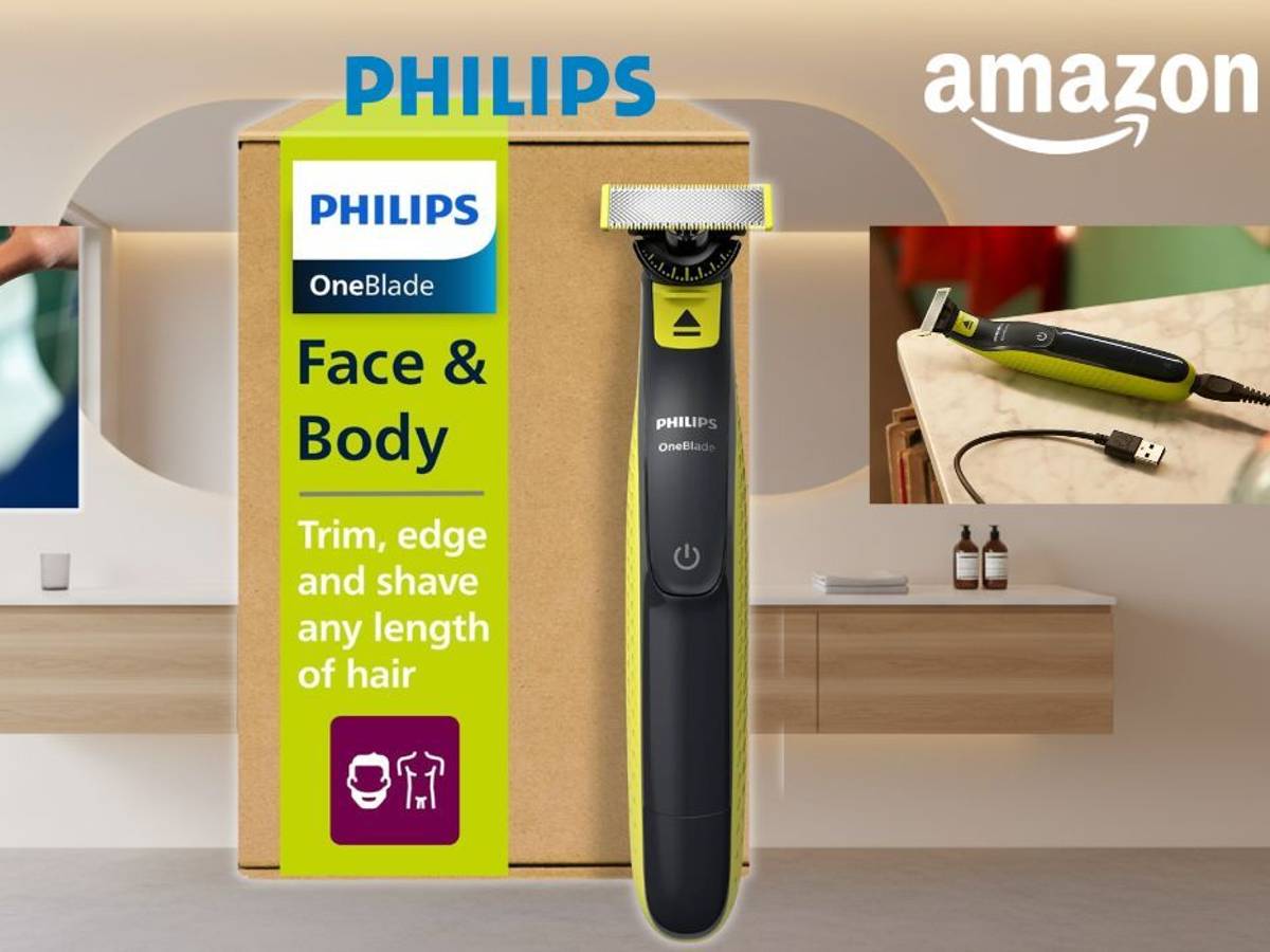 Philips OneBlade 360 Face & Body Rasierer in Schwarz-Gelb neben seiner Produktverpackung mit grünem Aufdruck, im Hintergrund ein modernes Badezimmer sowie zwei Detailaufnahmen des Geräts – einmal beim Rasieren unter Wasser und einmal liegend mit USB-Ladekabel an einer Ablage.