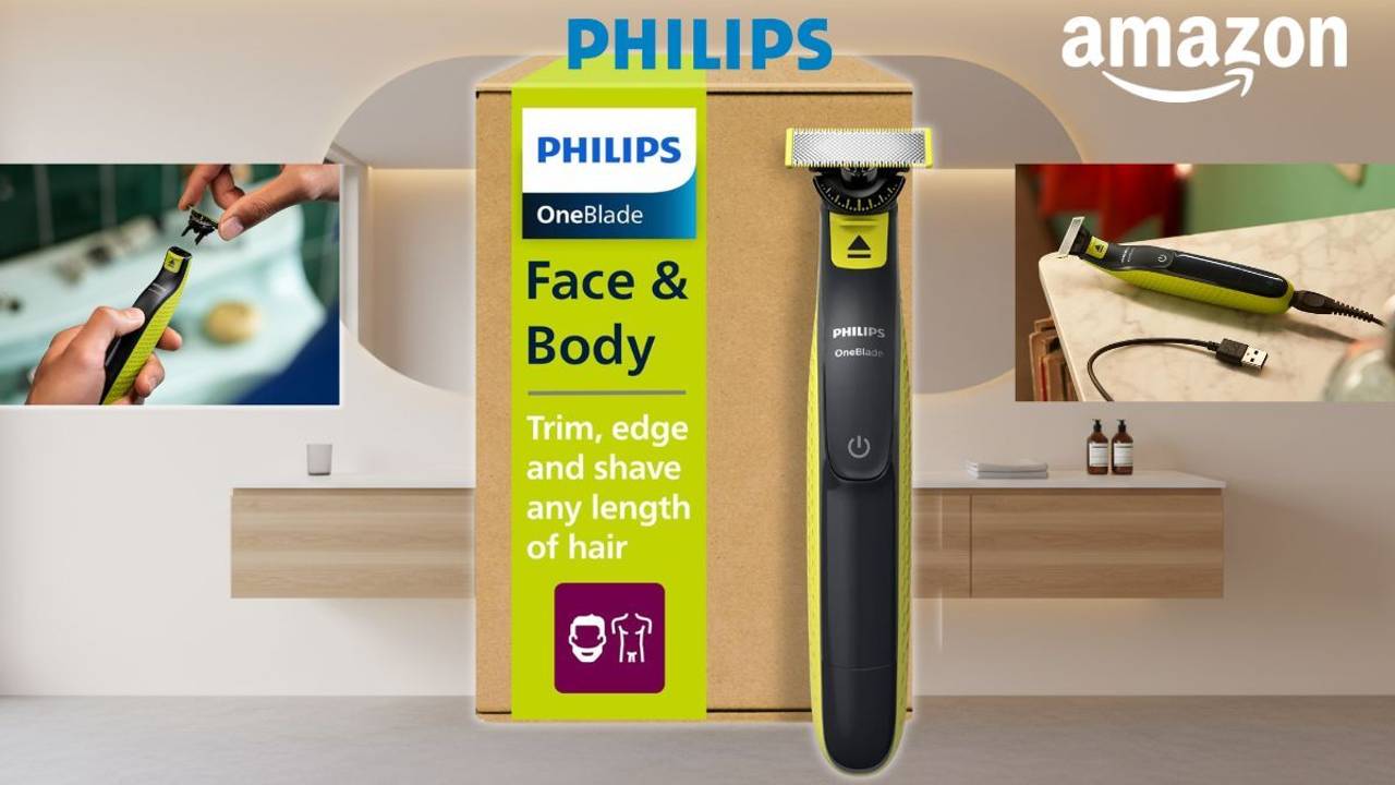 Philips OneBlade 360 Face & Body Rasierer in Schwarz-Gelb neben seiner Produktverpackung mit grünem Aufdruck, im Hintergrund ein modernes Badezimmer sowie zwei Detailaufnahmen des Geräts – einmal beim Rasieren unter Wasser und einmal liegend mit USB-Ladekabel an einer Ablage.