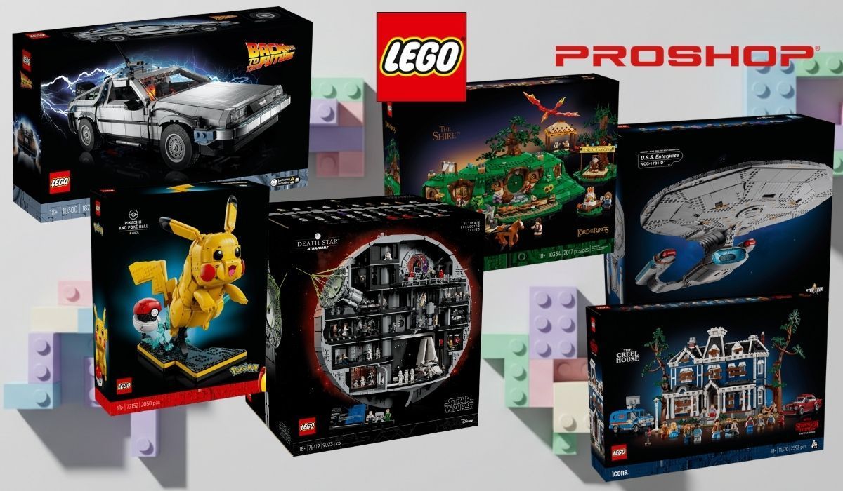 Collage mit sechs LEGO-Set-Verpackungen aus den Themenwelten „Zurück in die Zukunft“, Pokémon, Star Wars, „Der Herr der Ringe“, Star Trek und „Stranger Things“ vor einem Hintergrund aus bunten Bausteinen; darüber sind die Logos von LEGO und Proshop zu sehen.